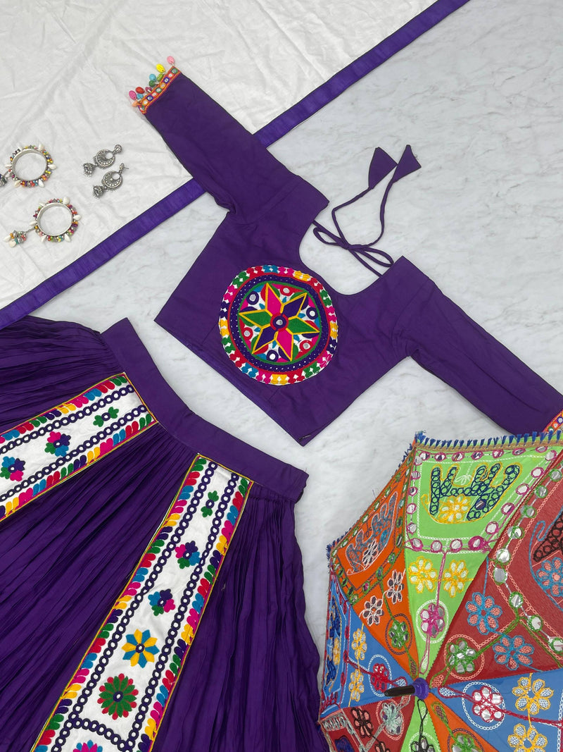 Purple Color Pure Rayon Cotton Gamthi Work Navratri Lehenga Choli