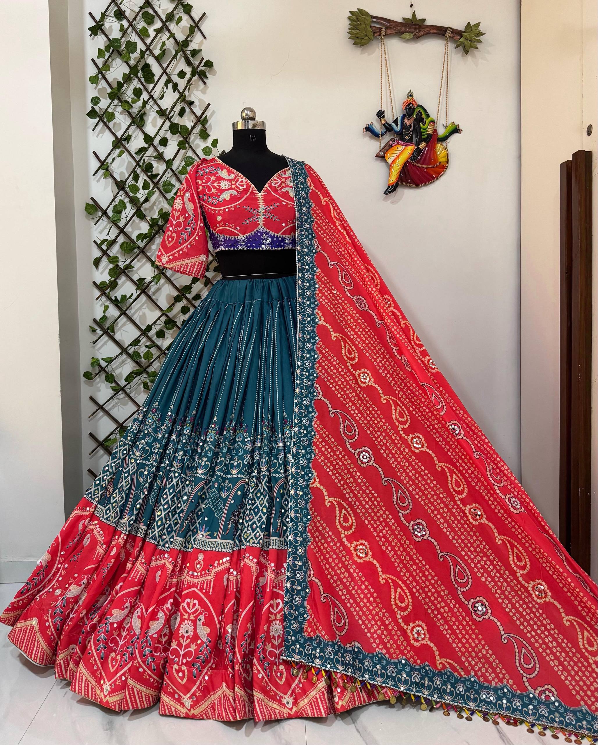 Red Color Digital Printed with Real Mirror  Navratri Lehenga Choli