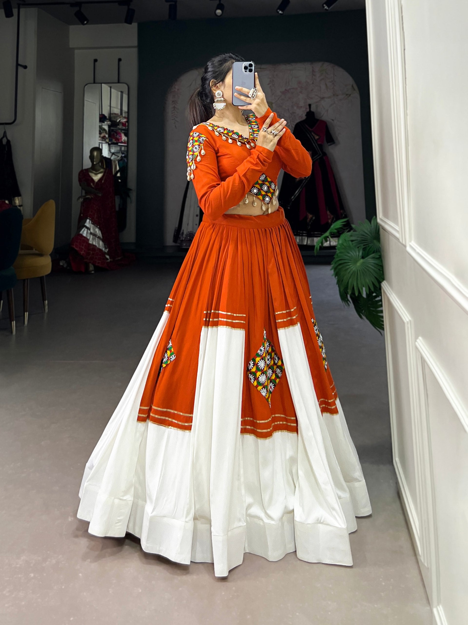 Orange Color Rayon Cotton Gamthi Patch Work Navratri Lehenga Choli