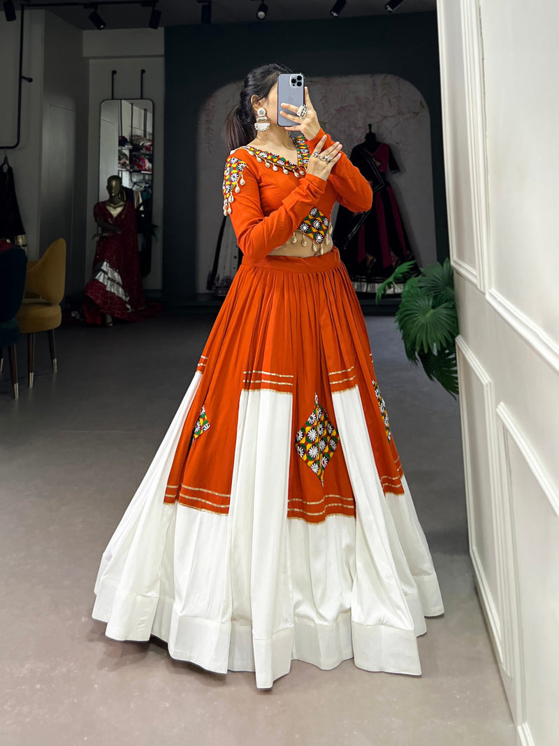 Orange Color Rayon Cotton Gamthi Patch Work Navratri Lehenga Choli