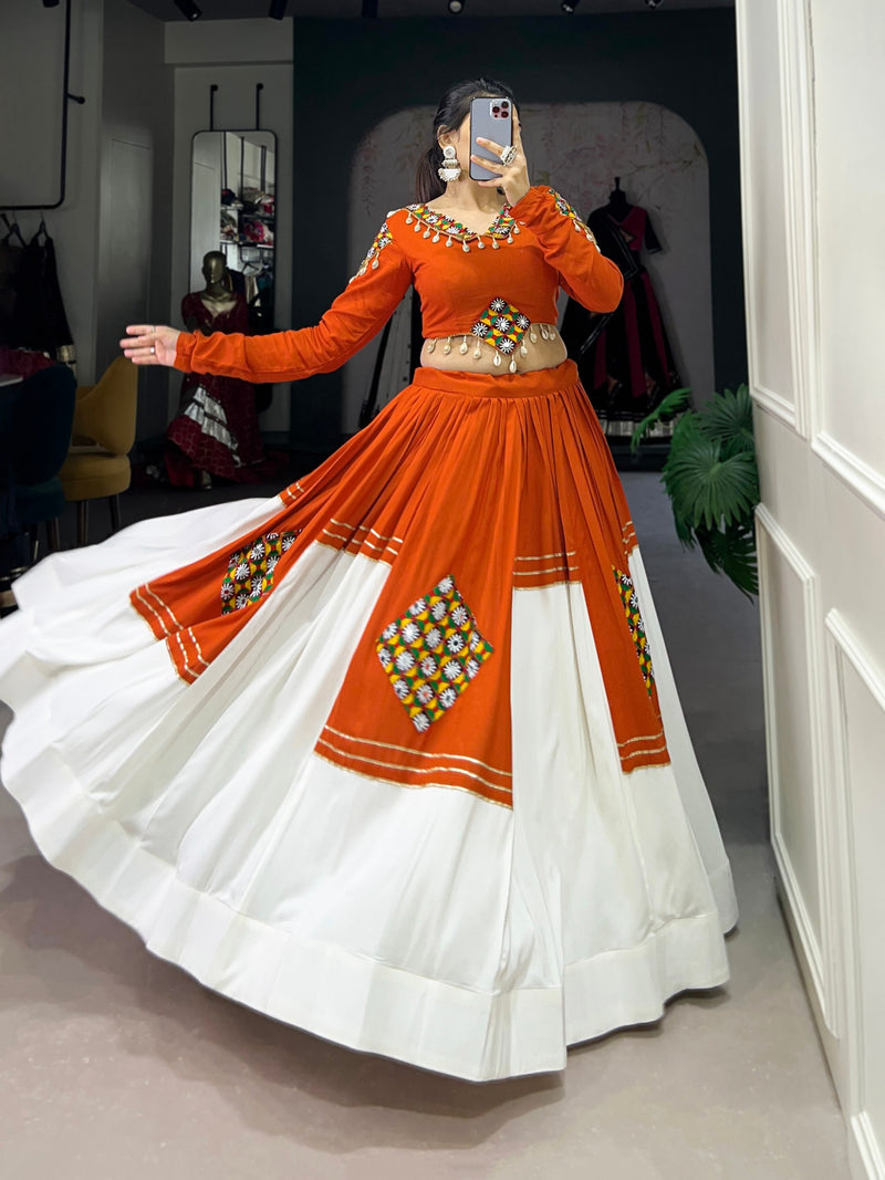 Orange Color Rayon Cotton Gamthi Patch Work Navratri Lehenga Choli