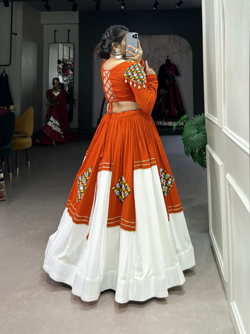 Orange Color Rayon Cotton Gamthi Patch Work Navratri Lehenga Choli