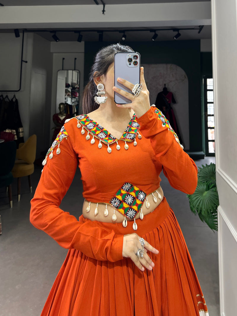 Orange Color Rayon Cotton Gamthi Patch Work Navratri Lehenga Choli
