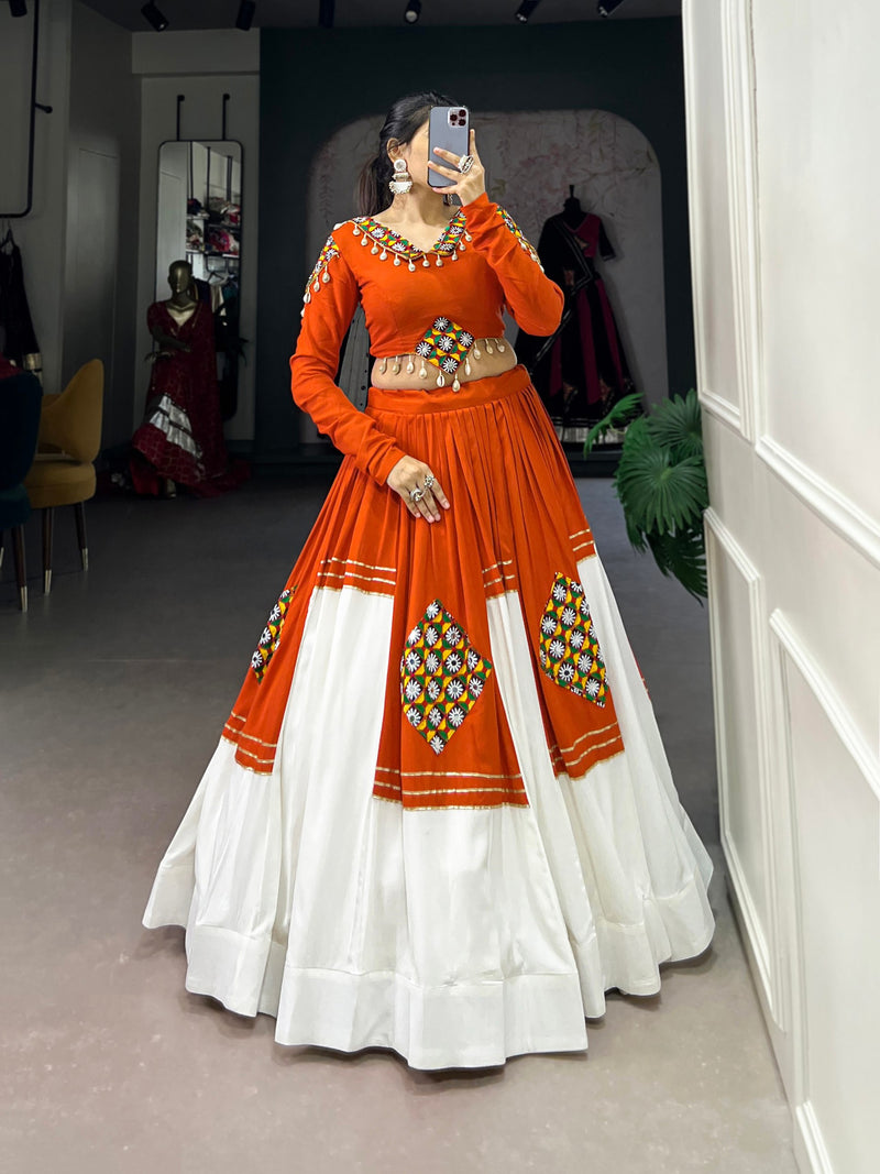 Orange Color Rayon Cotton Gamthi Patch Work Navratri Lehenga Choli
