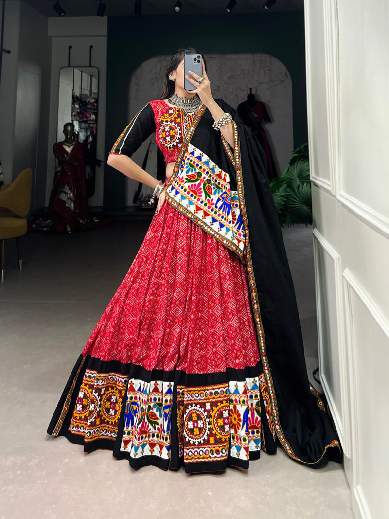 Red Color Rayon Cotton Gamthi Work Navratri Lehenga Choli