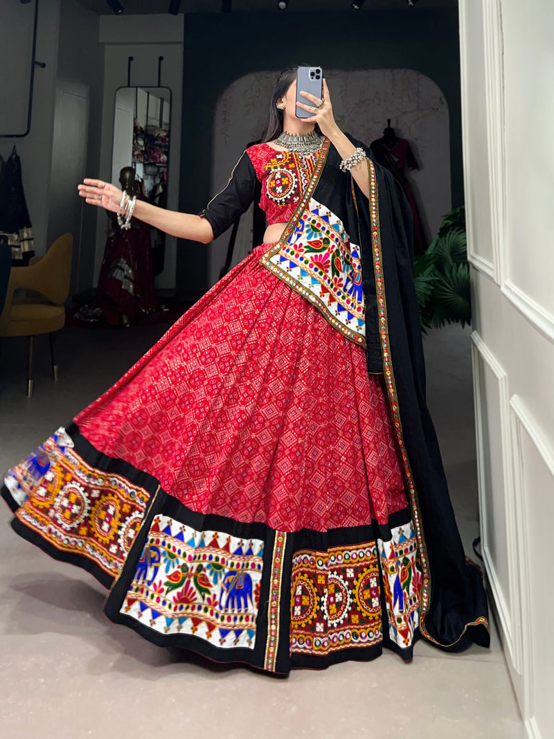 Red Color Rayon Cotton Gamthi Work Navratri Lehenga Choli