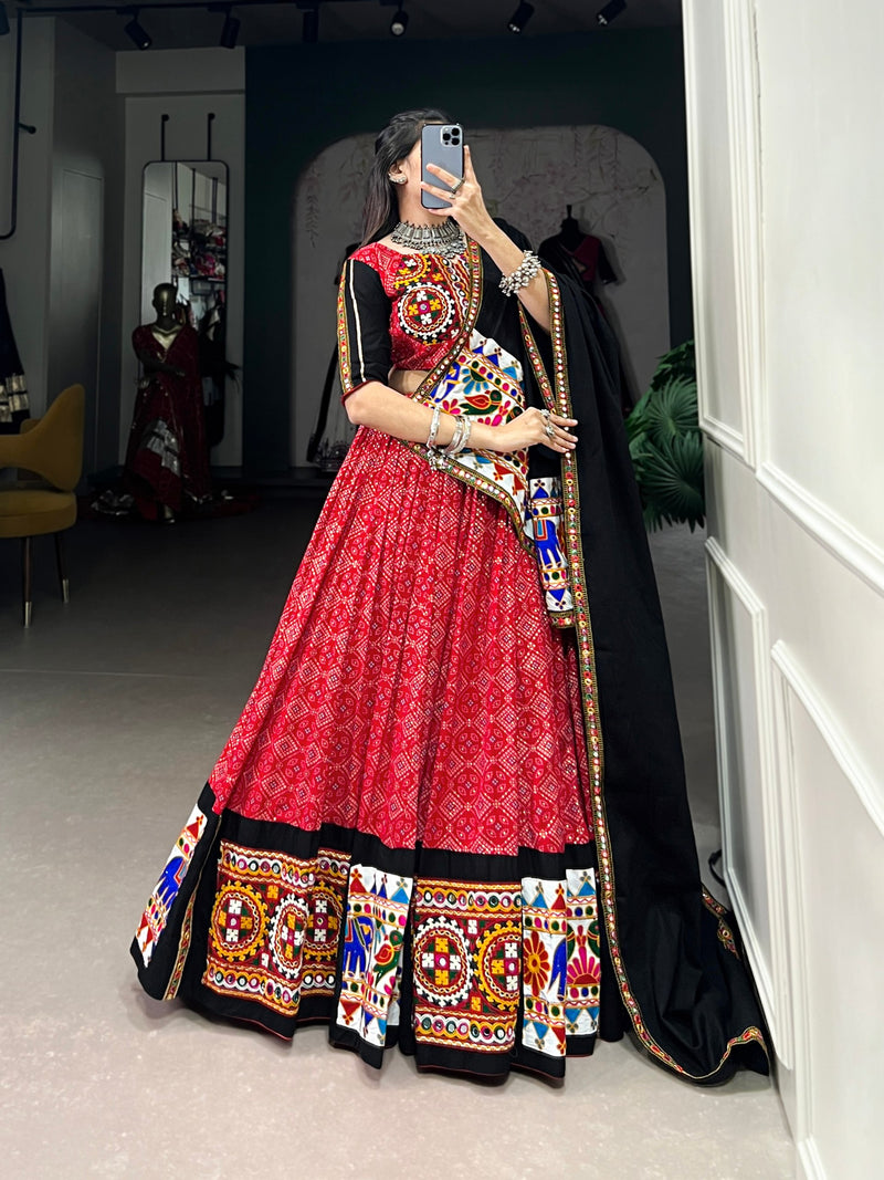 Red Color Rayon Cotton Gamthi Work Navratri Lehenga Choli