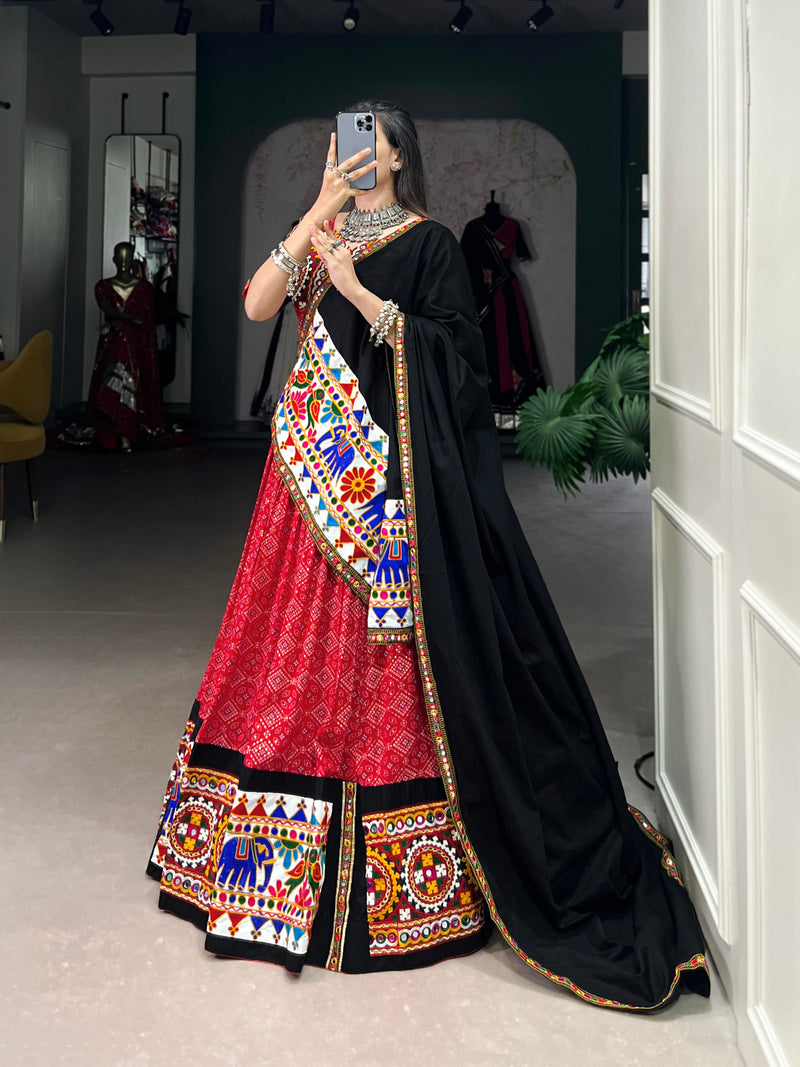 Red Color Rayon Cotton Gamthi Work Navratri Lehenga Choli