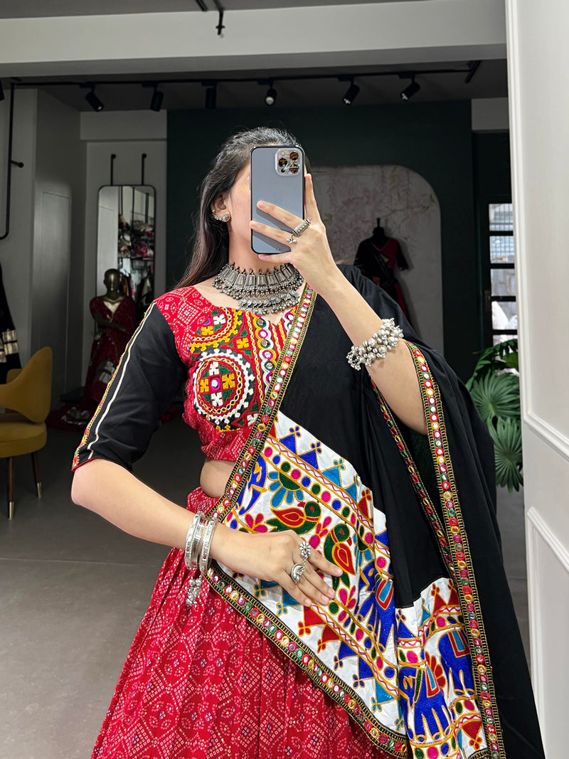 Red Color Rayon Cotton Gamthi Work Navratri Lehenga Choli