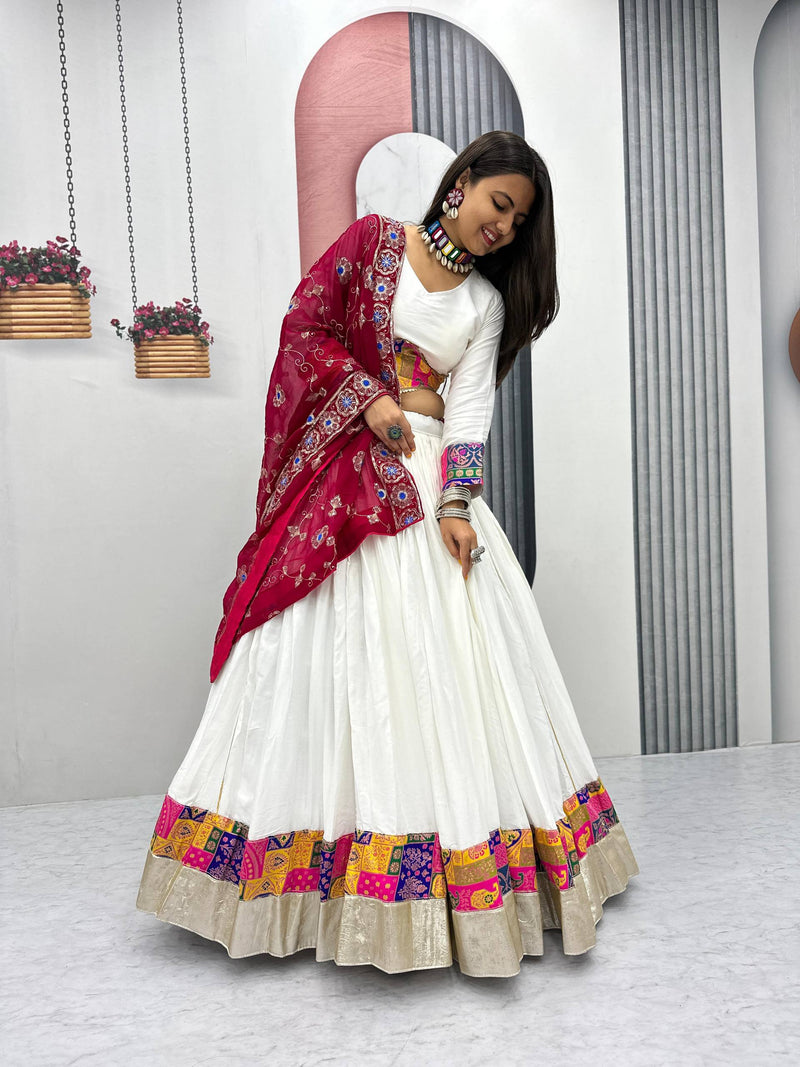 White Color Rayon Cotton Jecard Work Navratri Lehenga Choli