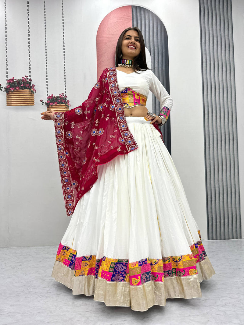 White Color Rayon Cotton Jecard Work Navratri Lehenga Choli