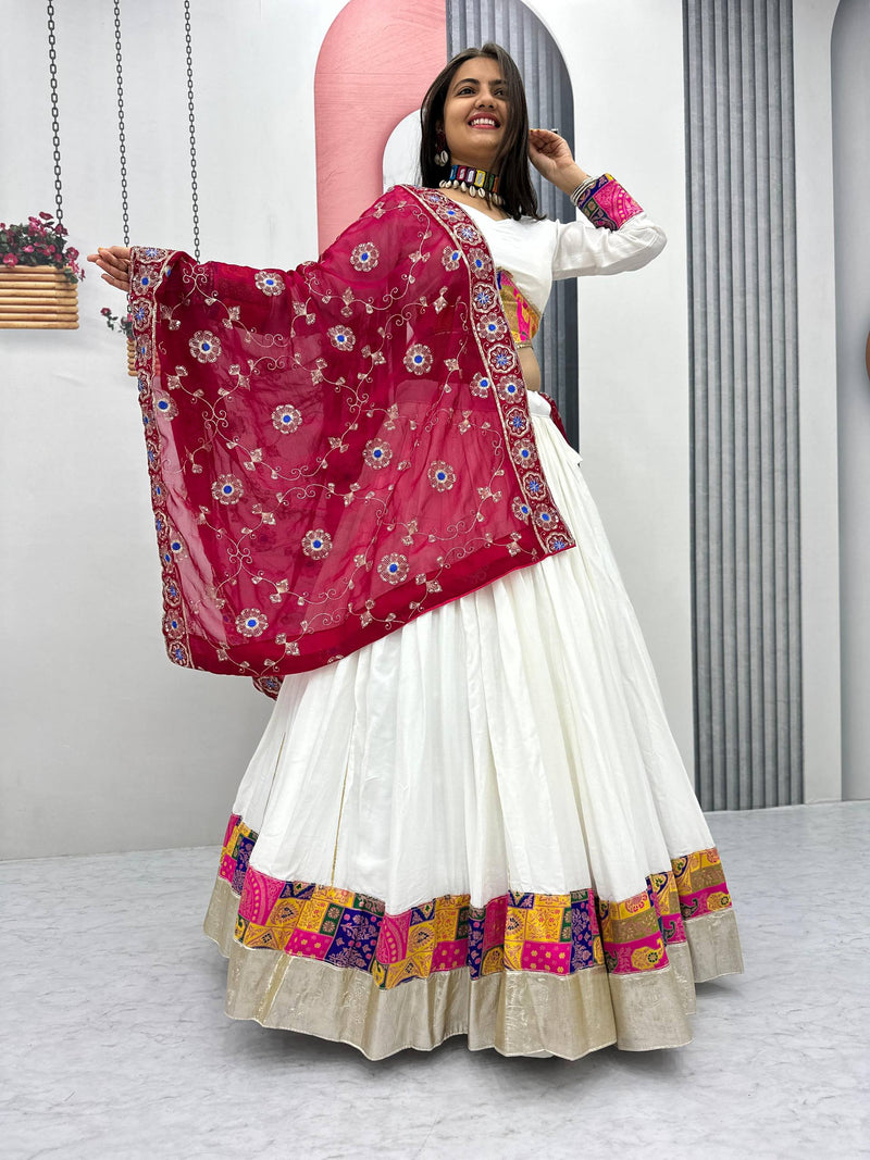 White Color Rayon Cotton Jecard Work Navratri Lehenga Choli
