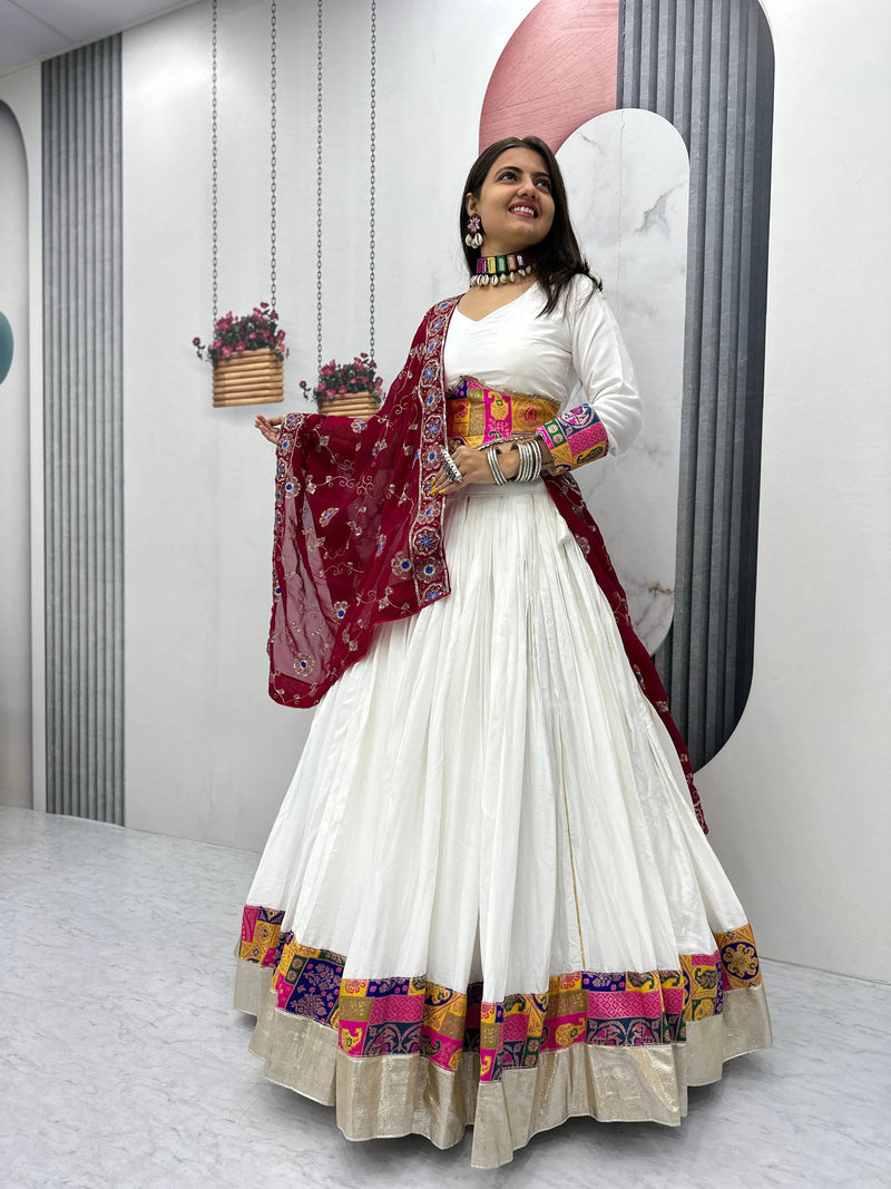 White Color Rayon Cotton Jecard Work Navratri Lehenga Choli