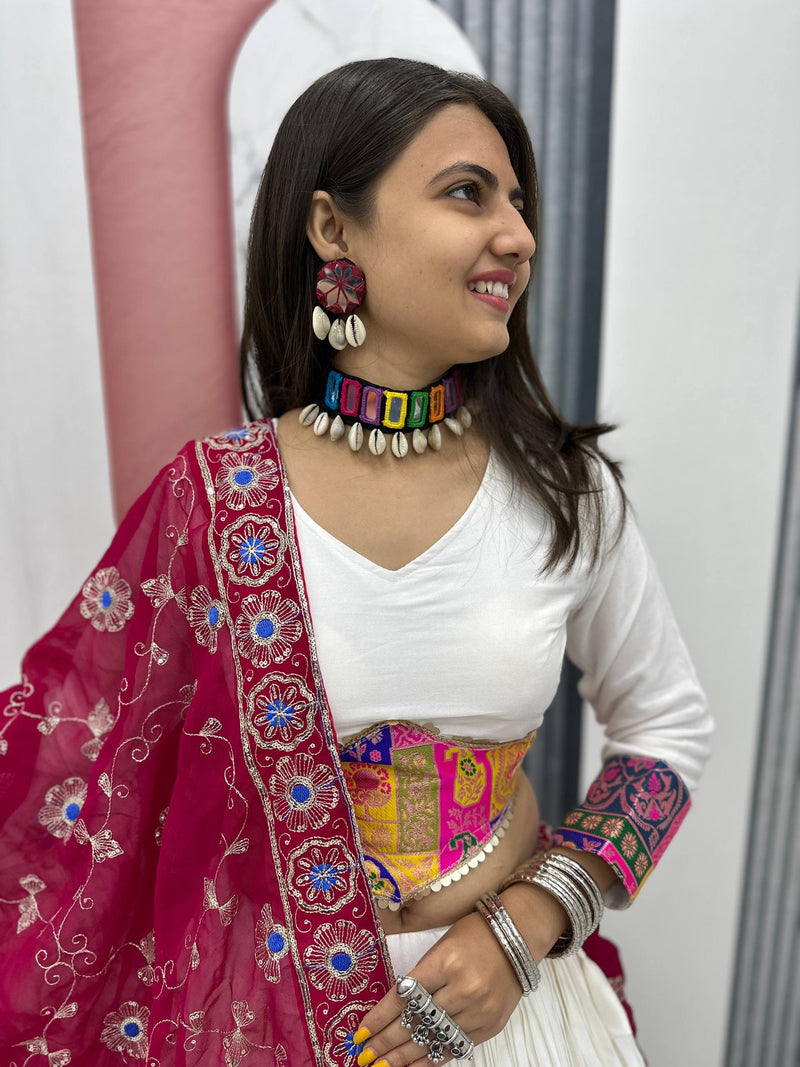 White Color Rayon Cotton Jecard Work Navratri Lehenga Choli