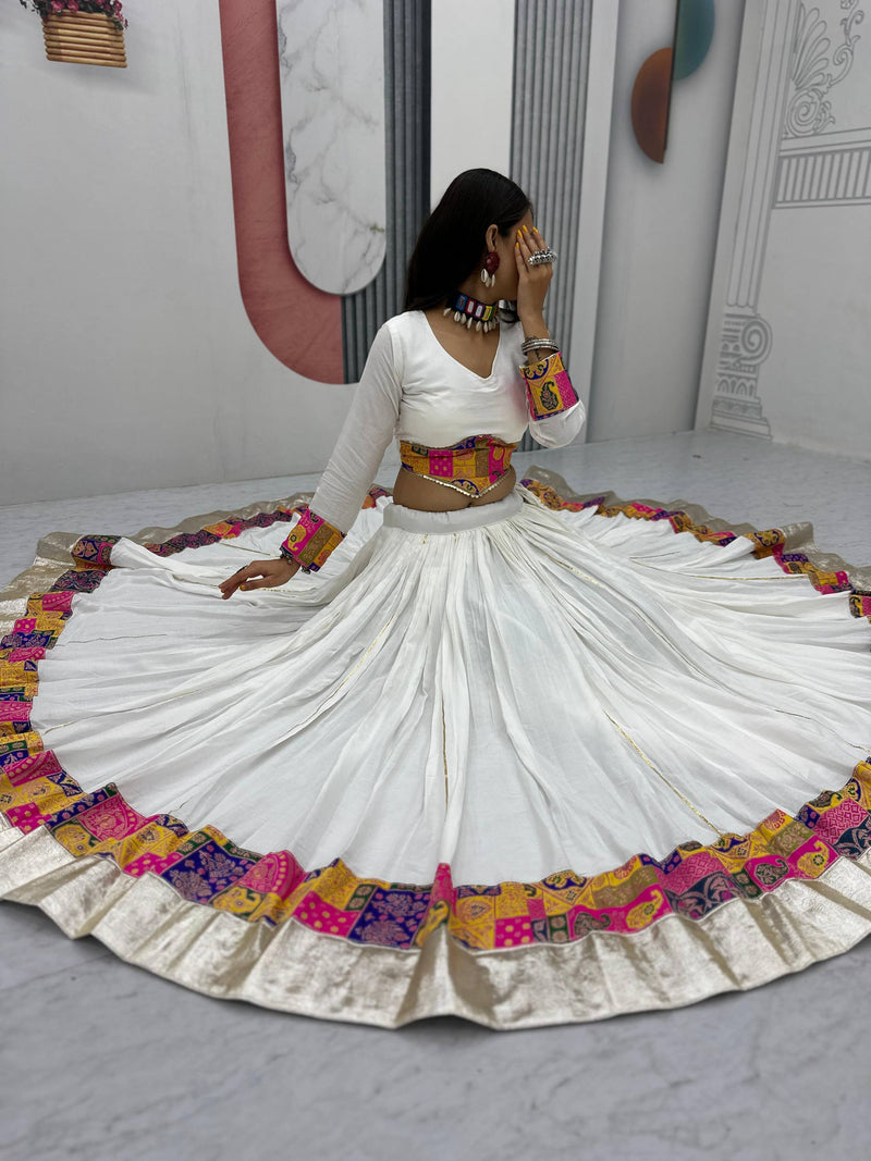 White Color Rayon Cotton Jecard Work Navratri Lehenga Choli