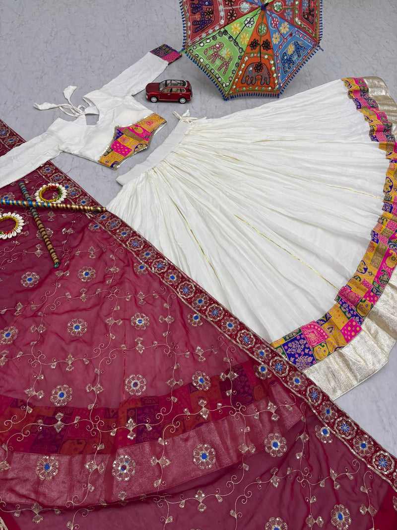 White Color Rayon Cotton Jecard Work Navratri Lehenga Choli