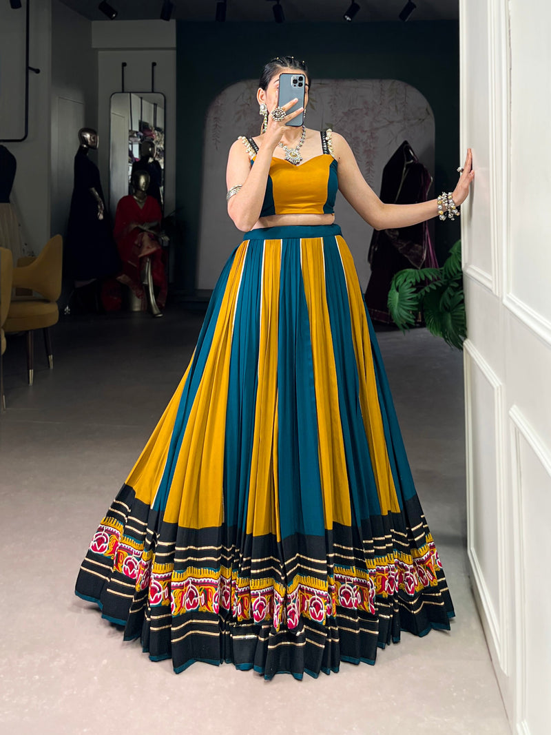 Yellow-Rama Color Rayon Gamthi Work Navratri Lehenga Choli