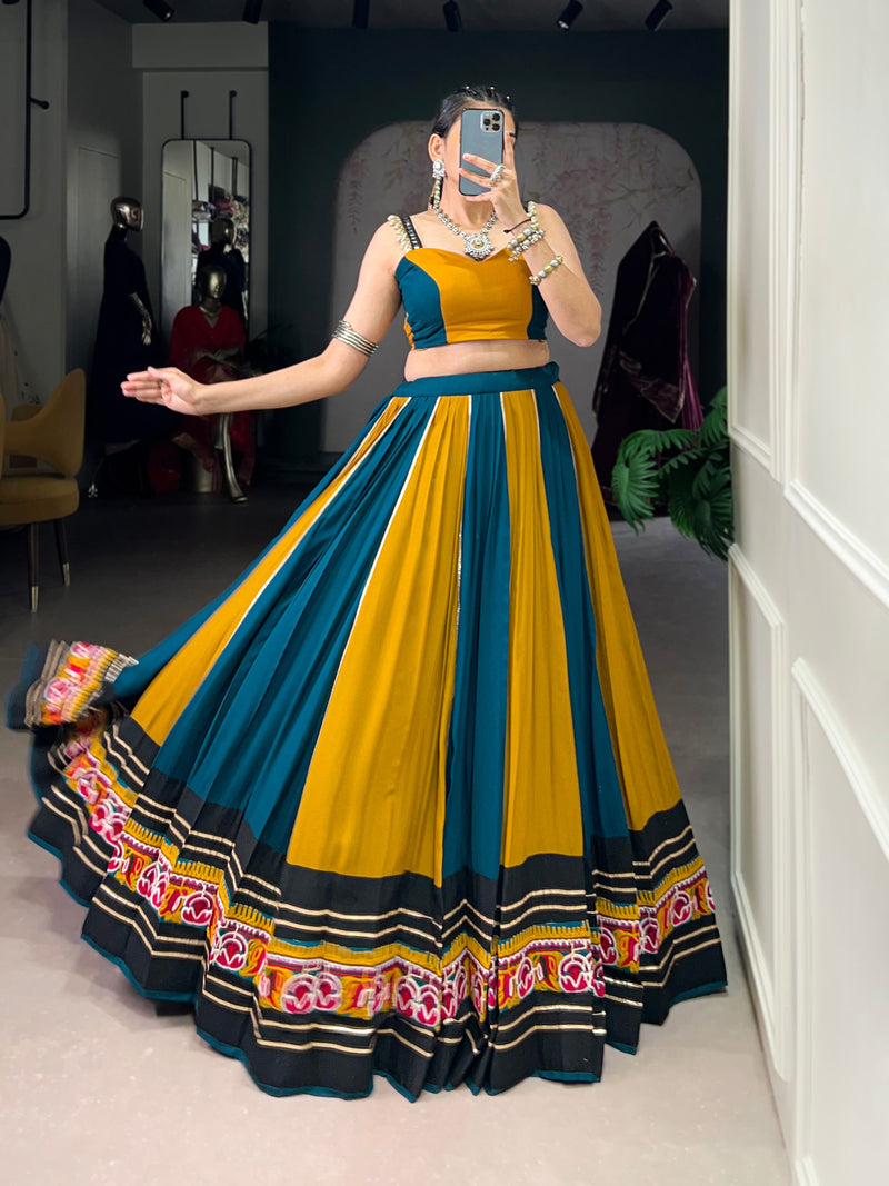 Yellow-Rama Color Rayon Gamthi Work Navratri Lehenga Choli