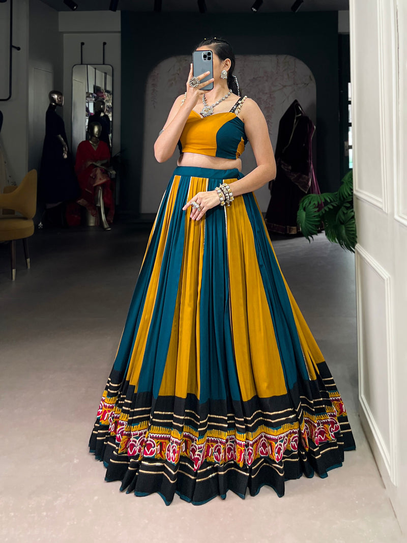 Yellow-Rama Color Rayon Gamthi Work Navratri Lehenga Choli