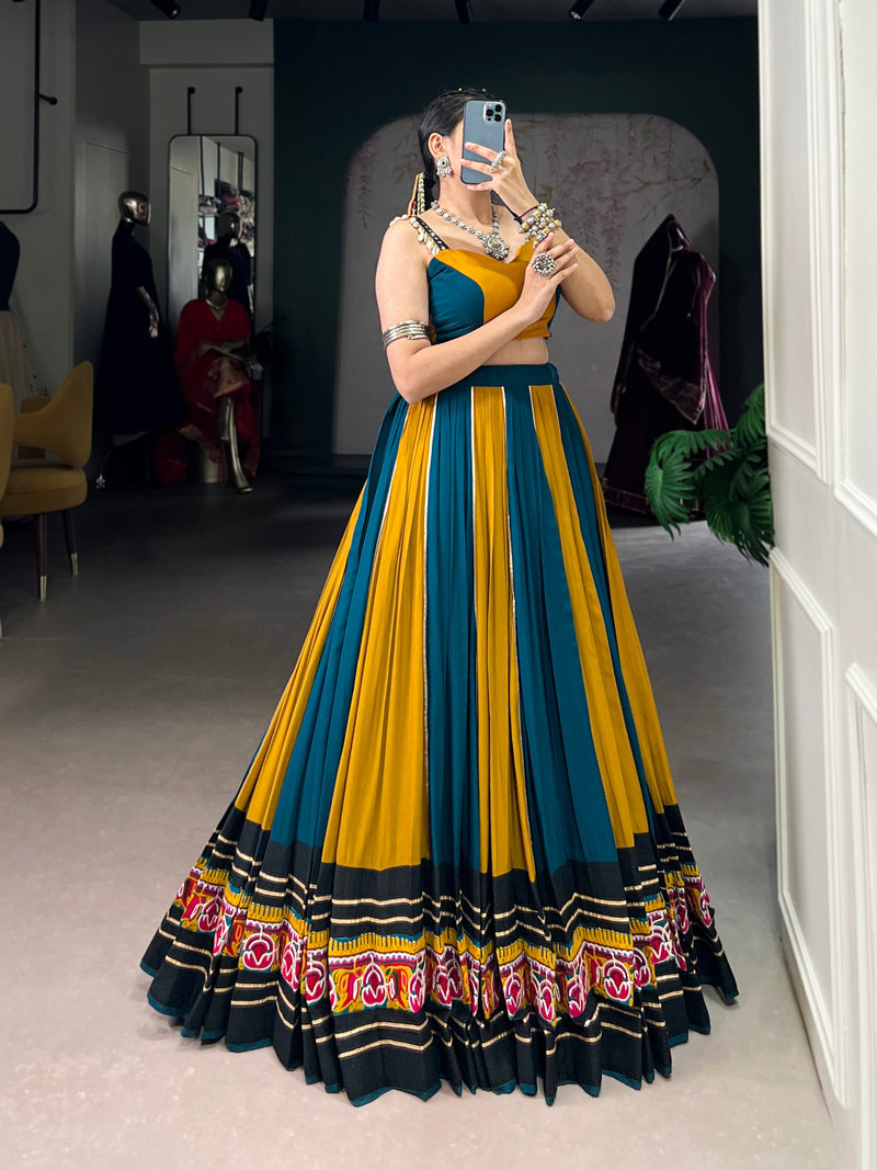 Yellow-Rama Color Rayon Gamthi Work Navratri Lehenga Choli