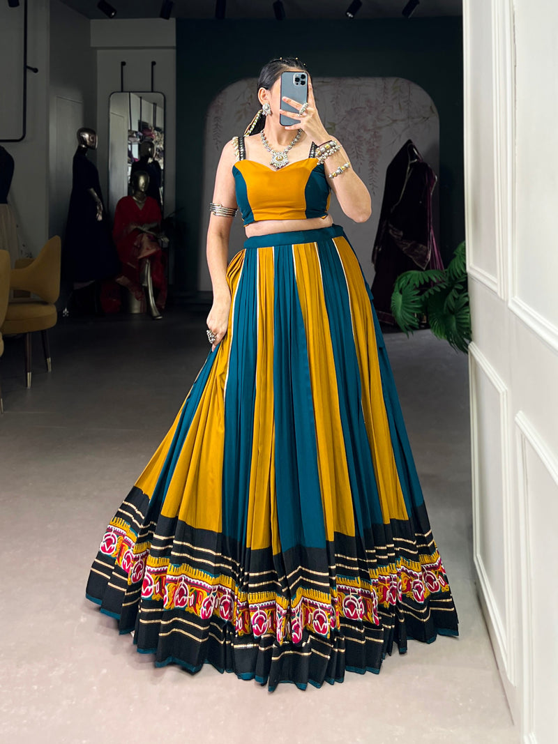 Yellow-Rama Color Rayon Gamthi Work Navratri Lehenga Choli
