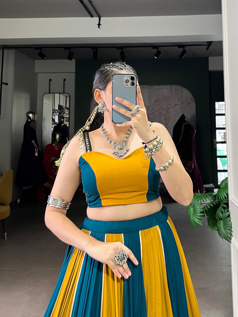 Yellow-Rama Color Rayon Gamthi Work Navratri Lehenga Choli