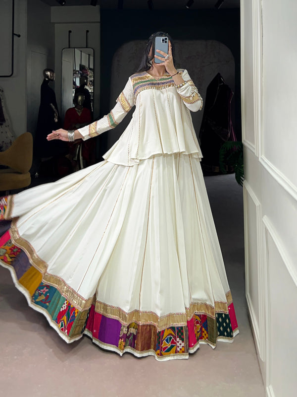 White Color Rayon Cotton Multi Patch Work Navratri Lehenga Choli