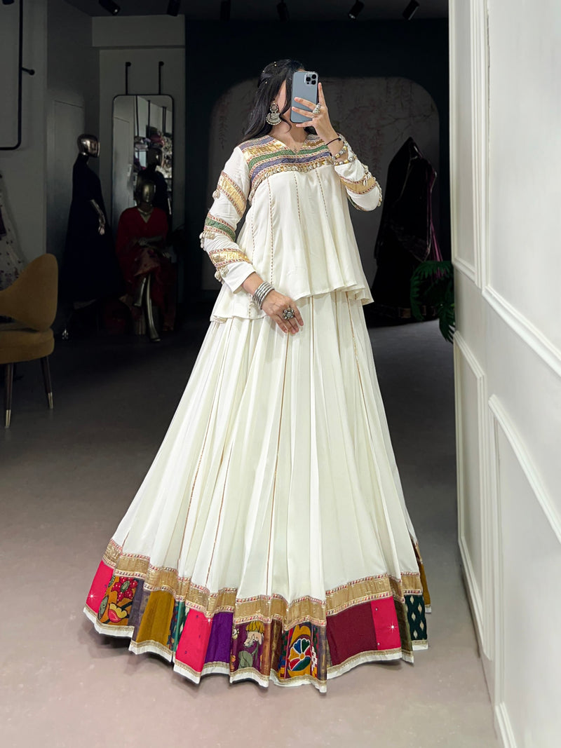 White Color Rayon Cotton Multi Patch Work Navratri Lehenga Choli