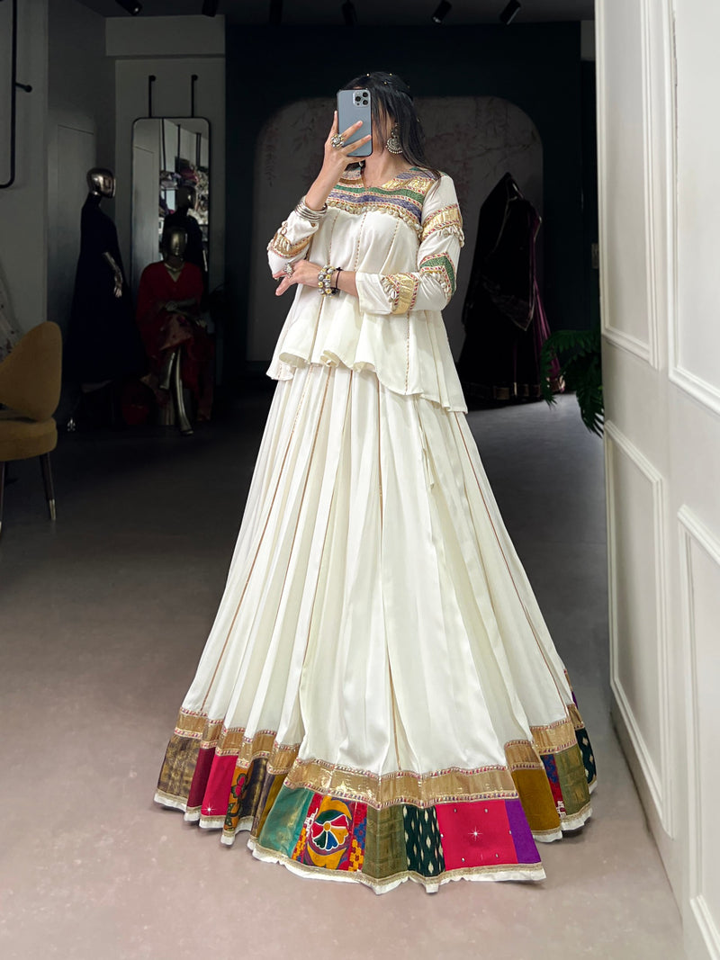 White Color Rayon Cotton Multi Patch Work Navratri Lehenga Choli