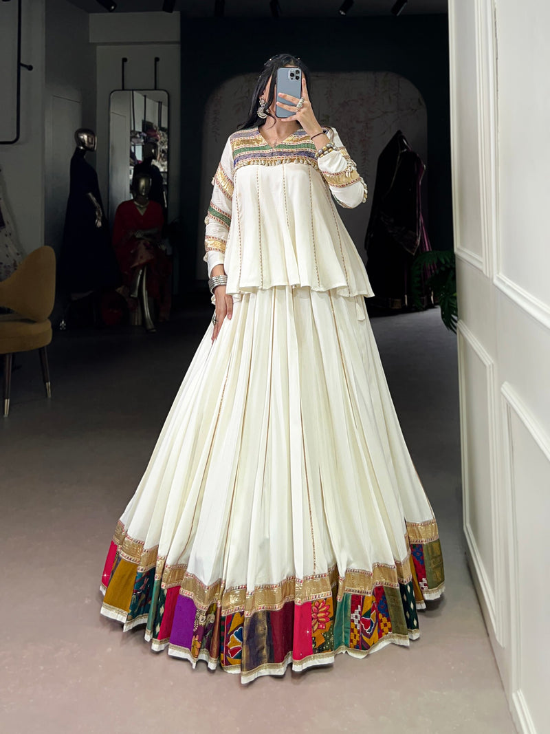White Color Rayon Cotton Multi Patch Work Navratri Lehenga Choli