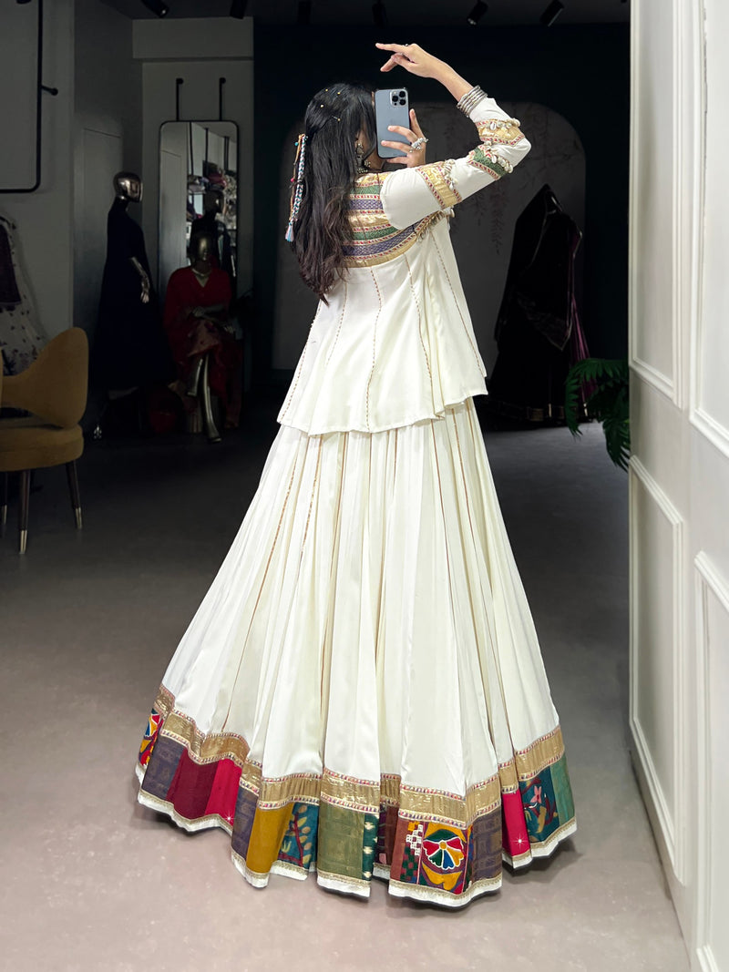 White Color Rayon Cotton Multi Patch Work Navratri Lehenga Choli