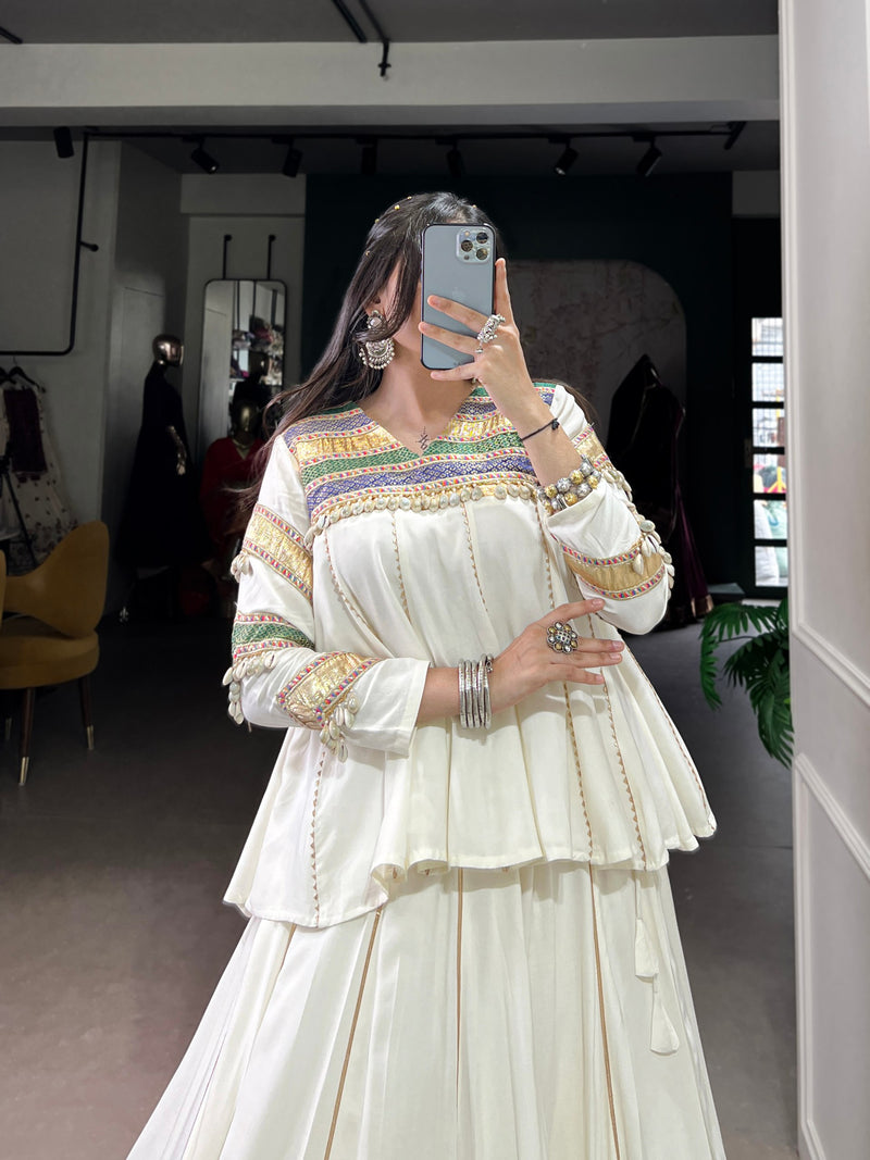 White Color Rayon Cotton Multi Patch Work Navratri Lehenga Choli