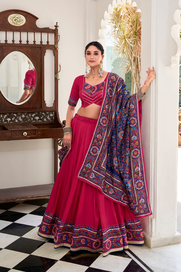 Pink Color Silk Gamthi Printed Navratri Lehenga Choli