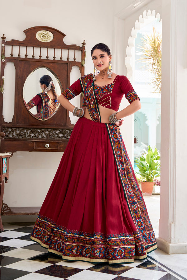 Red Color Silk Gamthi Printed Navratri Lehenga Choli