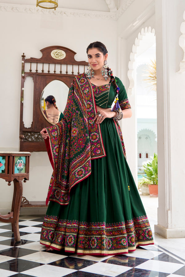 Green Color Silk Gamthi Printed Navratri Lehenga Choli