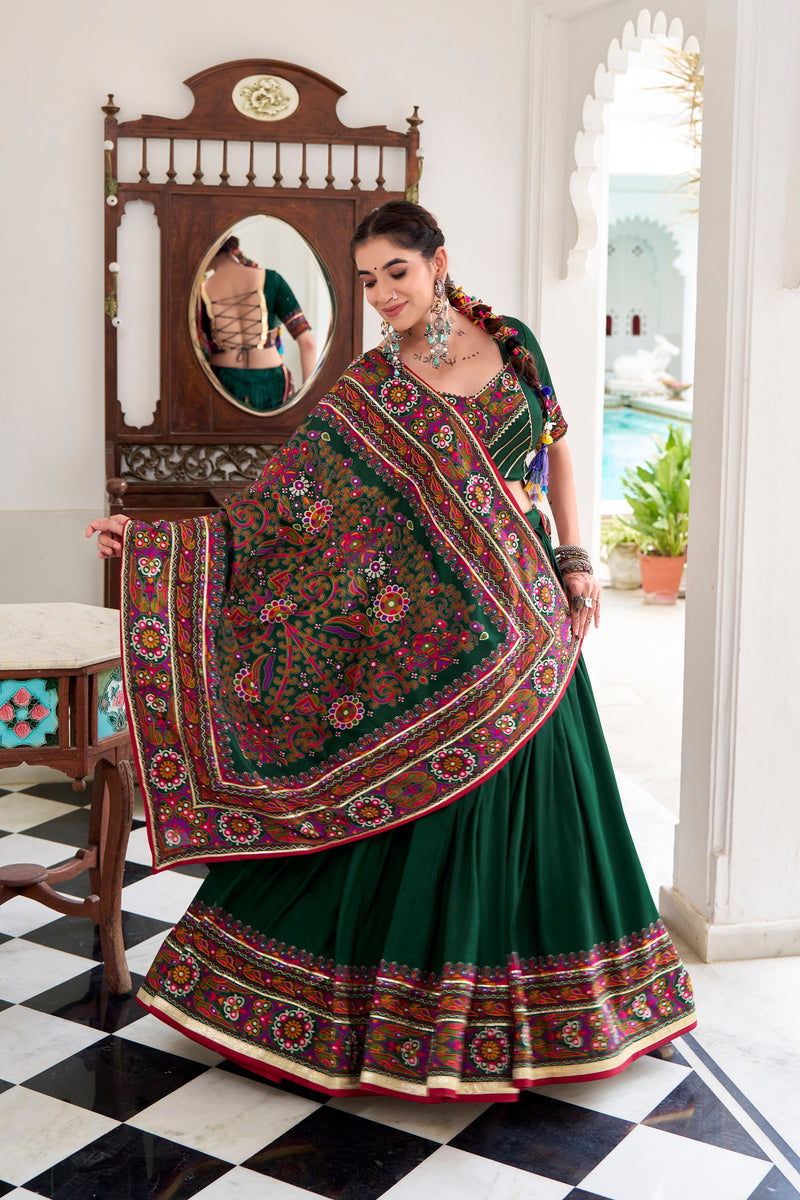 Green Color Silk Gamthi Printed Navratri Lehenga Choli