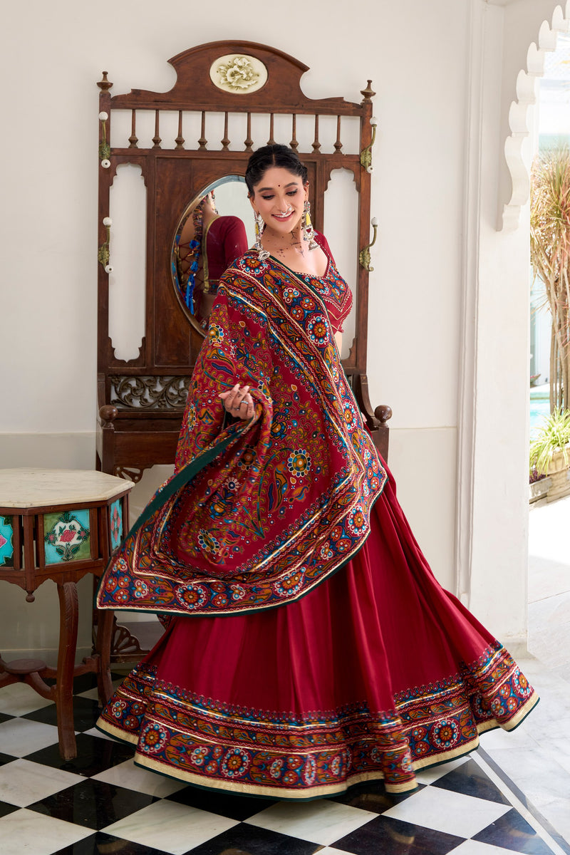 Red Color Silk Gamthi Printed Navratri Lehenga Choli