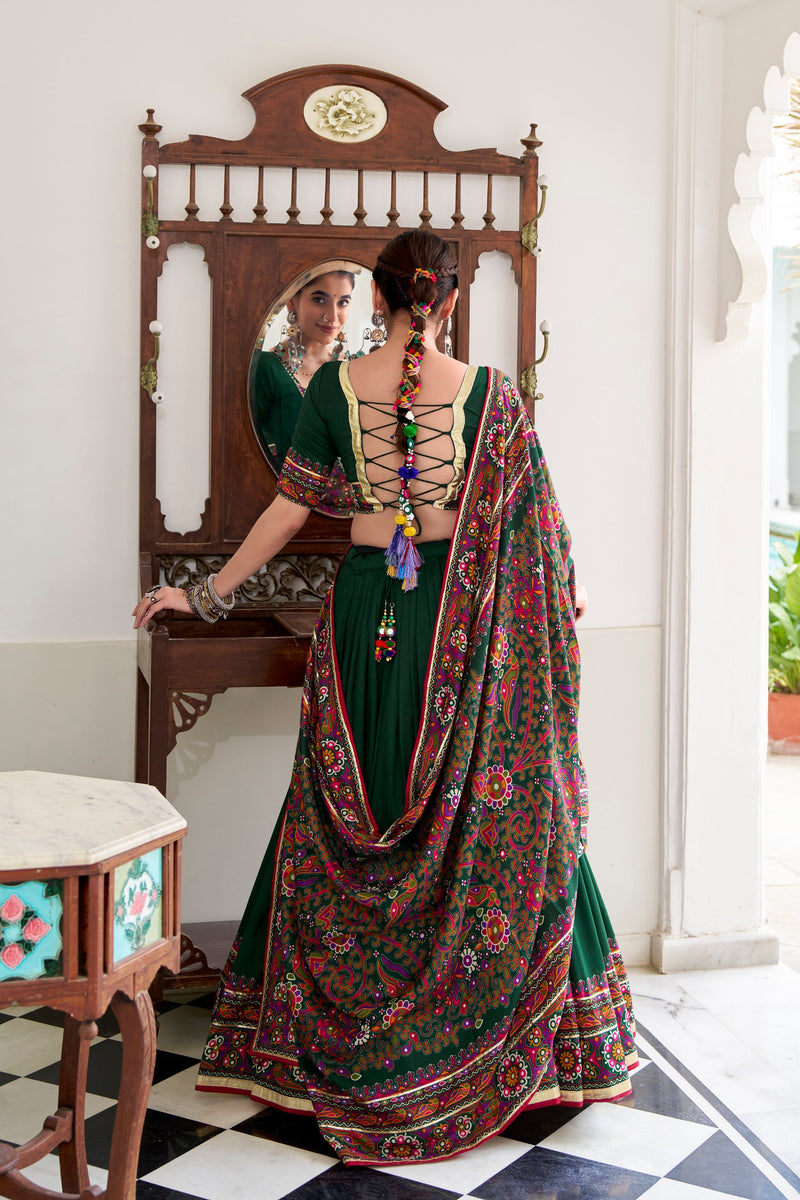 Green Color Silk Gamthi Printed Navratri Lehenga Choli