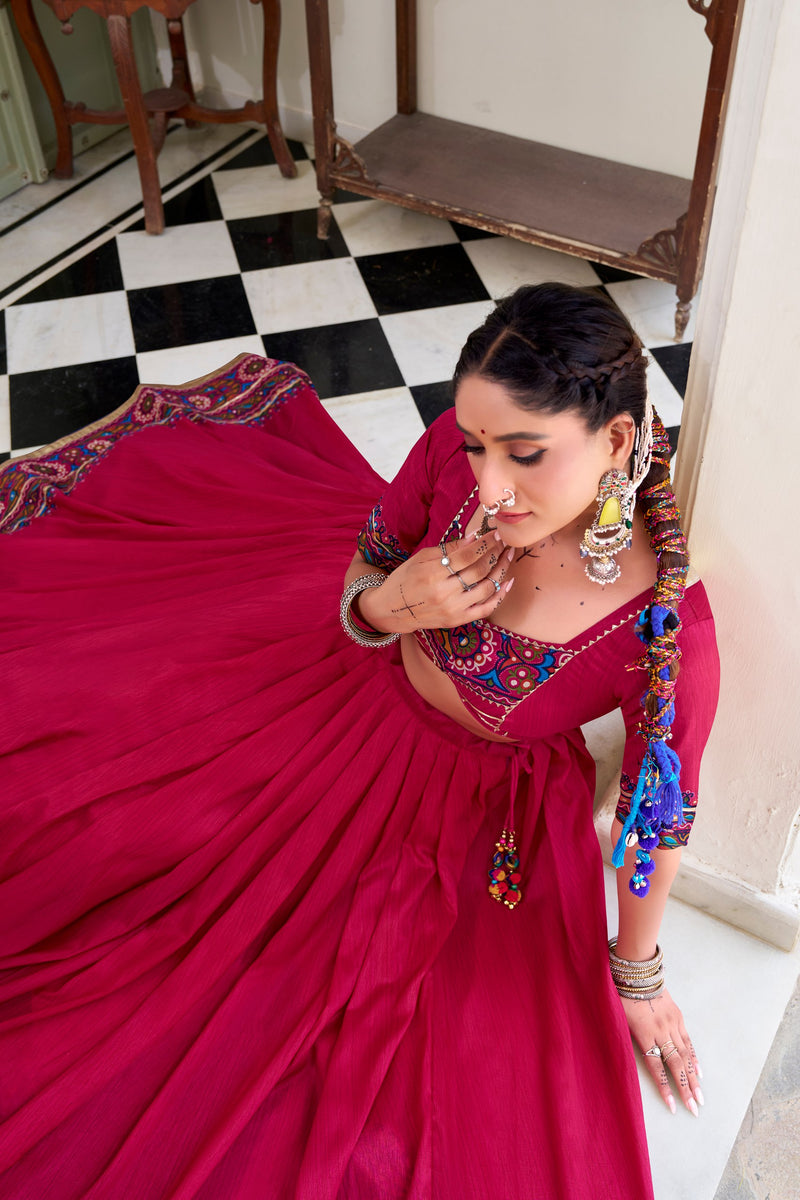 Pink Color Silk Gamthi Printed Navratri Lehenga Choli