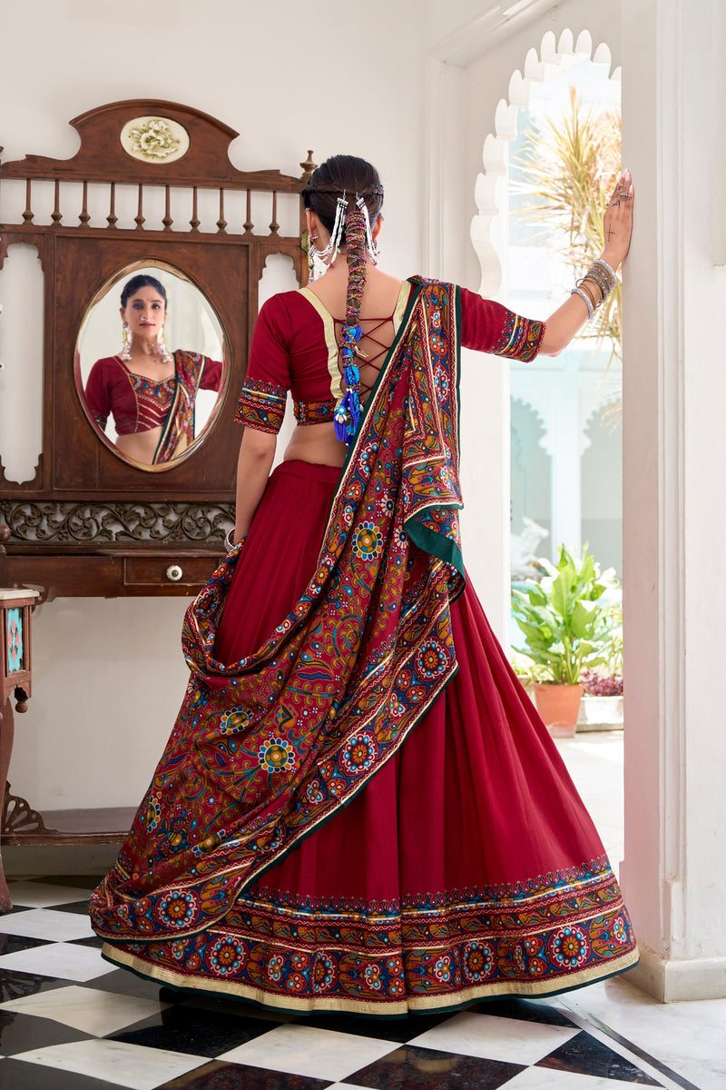 Red Color Silk Gamthi Printed Navratri Lehenga Choli