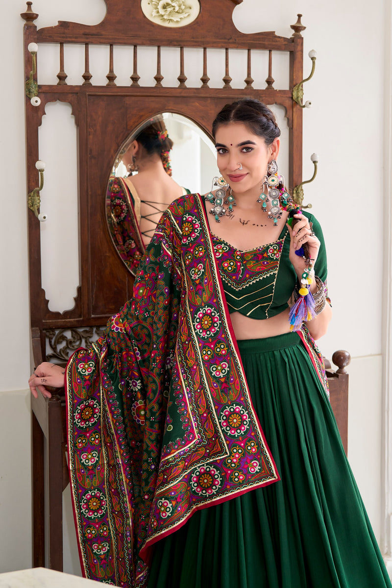 Green Color Silk Gamthi Printed Navratri Lehenga Choli