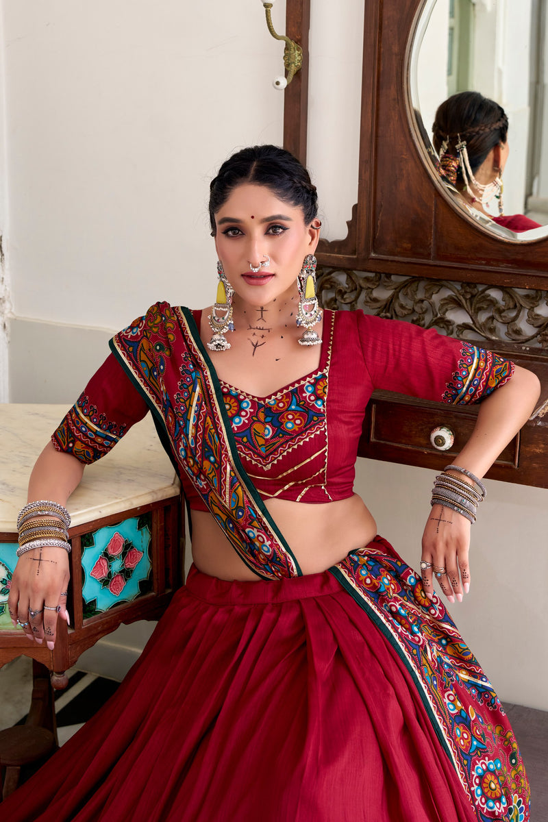 Red Color Silk Gamthi Printed Navratri Lehenga Choli