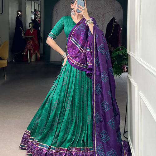 Green Color Silk Bandhej Printed Navratri Lehenga Choli