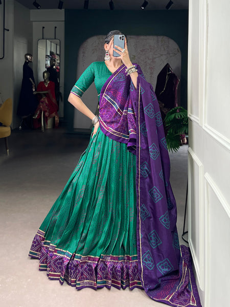Green Color Silk Bandhej Printed Navratri Lehenga Choli
