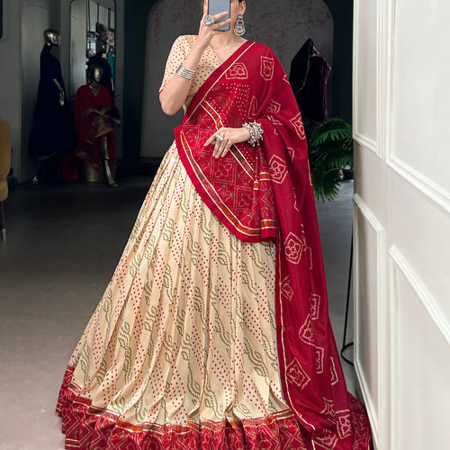 Beige Color Silk Bandhej Printed Navratri Lehenga Choli