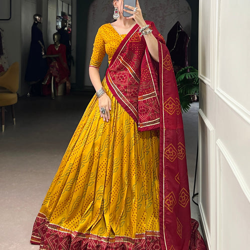Yellow Color Silk Bandhej Printed Navratri Lehenga Choli