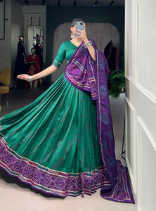 Green Color Silk Bandhej Printed Navratri Lehenga Choli