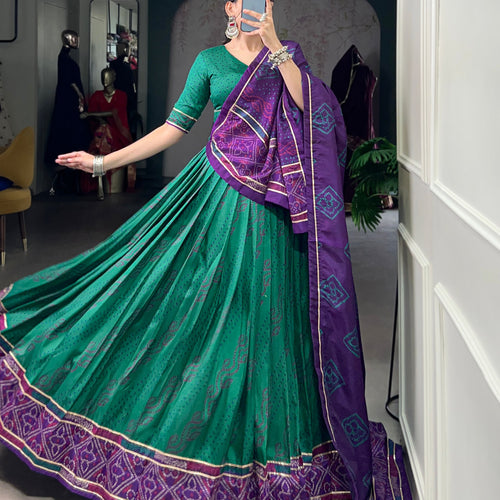 Green Color Silk Bandhej Printed Navratri Lehenga Choli