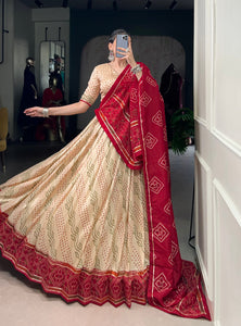 Beige Color Silk Bandhej Printed Navratri Lehenga Choli