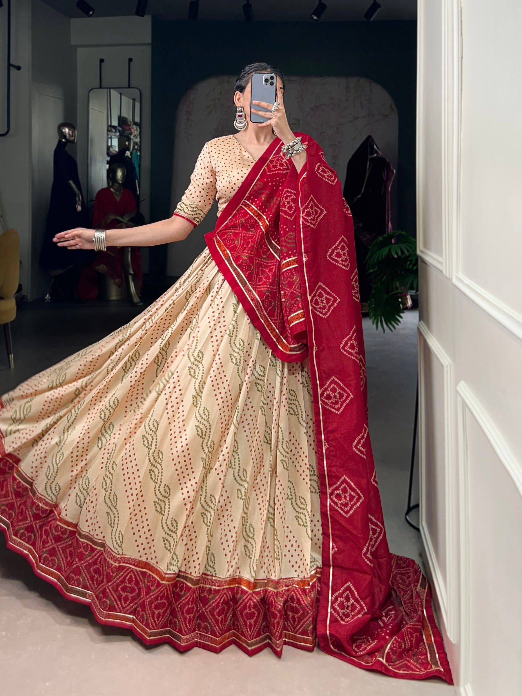 Beige Color Silk Bandhej Printed Navratri Lehenga Choli